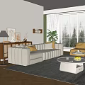 Modern Living Room Interior With Beige Sofa Yellow Ottoman White Coffee Table And Large Window View