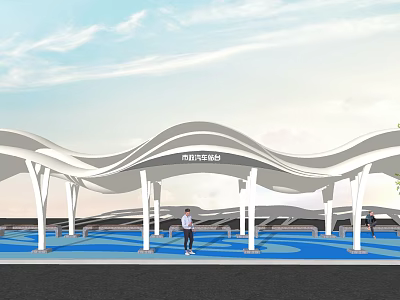 Modern Station with Wavy Roof Design and Blue Ground Featuring Pedestrians Walking 3d model