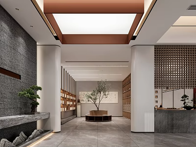 Modern Specialty Store Interior Design With Gray Walls White Pillars Wooden Ceiling And Display Shelves 3d model