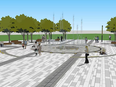 Geometric Stone Plaza Paving With Trees Fountains Benches People Walking And Resting 3d model