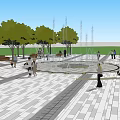 Geometric Stone Plaza Paving With Trees Fountains Benches People Walking And Resting