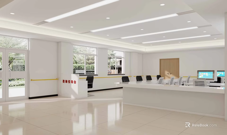 Bright Service Hall Interior Layout With White Counter Waiting Seats And Natural Light 3d model 