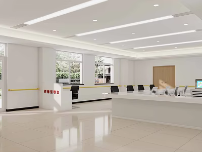 Bright Service Hall Interior Layout With White Counter Waiting Seats And Natural Light 3d model