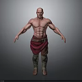 Shirtless Bald Man With Muscular Build Red Loincloth Brown Belt Knee Boots And Gray Background