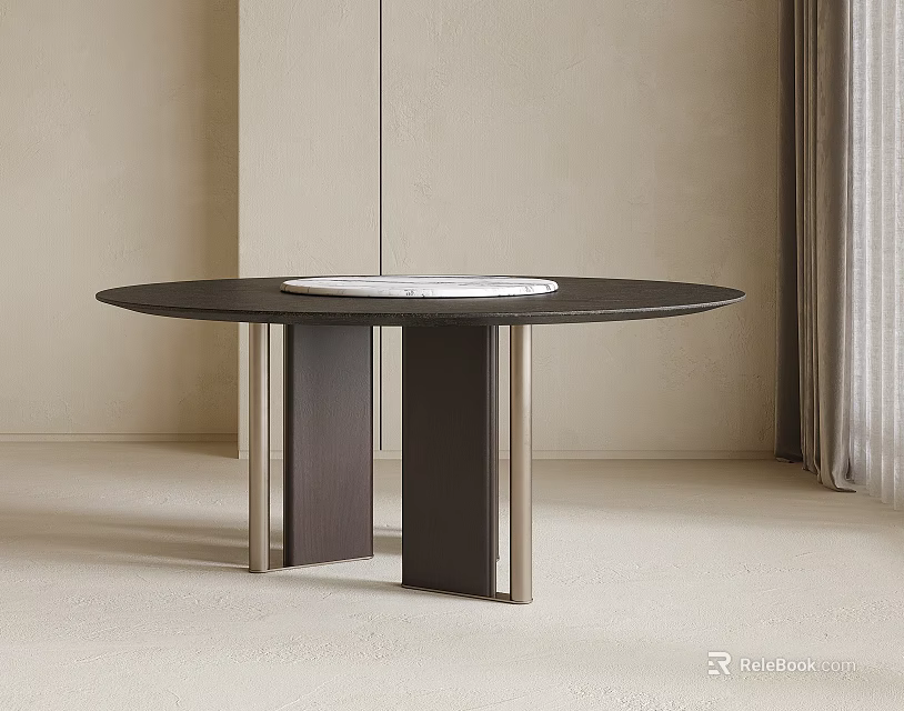 Round Dark Dining Table With White Center And Metal Framed Columnar Legs In Light Room 3d model 