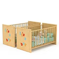 Wooden Baby Crib Interior With Colorful Bedding Mattress And Pillows
