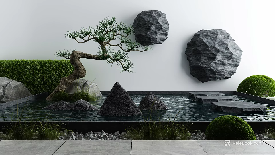 Tranquil Garden Ornament With Bonsai Pine Rock Features Water Pond And Green Shrubs 3d model 