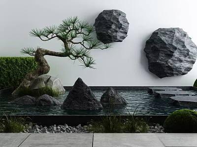 Tranquil Garden Ornament With Bonsai Pine Rock Features Water Pond And Green Shrubs 3d model