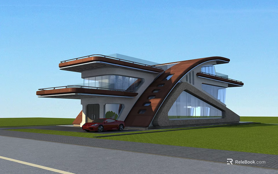 Modern Detached Villa With Large Glass Windows Unique Architectural Design And Red Car 3d model 