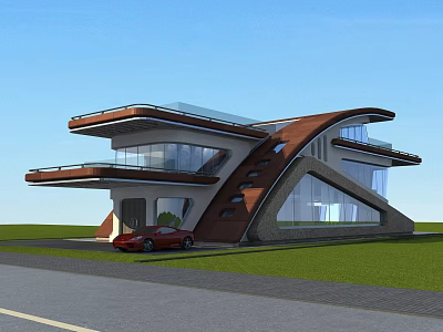 Modern Detached Villa With Large Glass Windows Unique Architectural Design And Red Car 3d model