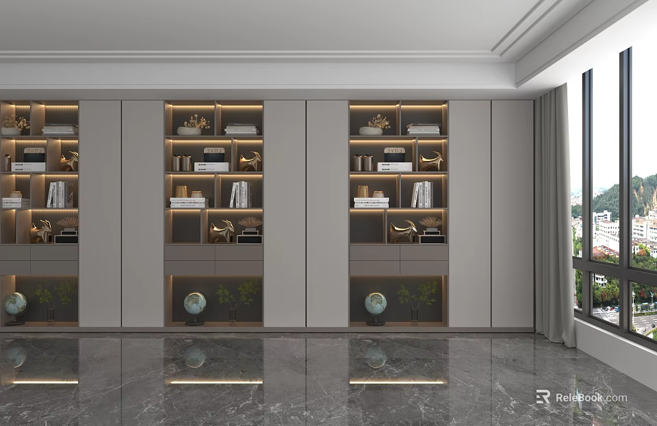 Modern Elegant Living Room Storage Cabinet with Glass Doors Multi-layer Shelves and Decorations 3d model 