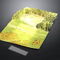 3D Landscape Model With Grassland Trees Circular Clearing And Yellow Flowers