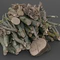 Natural Wood Logs and Tree Branches Stacked in Pile with Cut Timber Pieces