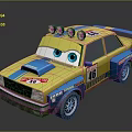 Cartoon Style Yellow And Blue Race Car With Roof Lights Big Eyes And Number 46