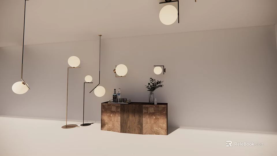 Modern Lighting Combination With Floor Lamps Pendant Lights Wall Sconces On Wooden Console With Plant 3d model 