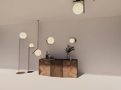 Modern Lighting Combination With Floor Lamps Pendant Lights Wall Sconces On Wooden Console With Plant 3d model