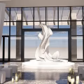 Elegant Banquet Hall Interior With White Decor Flower Arrangements Large Windows And Chandeliers