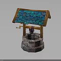 Traditional Well Structure With Blue Tiled Roof Wooden Frame And Stone Base