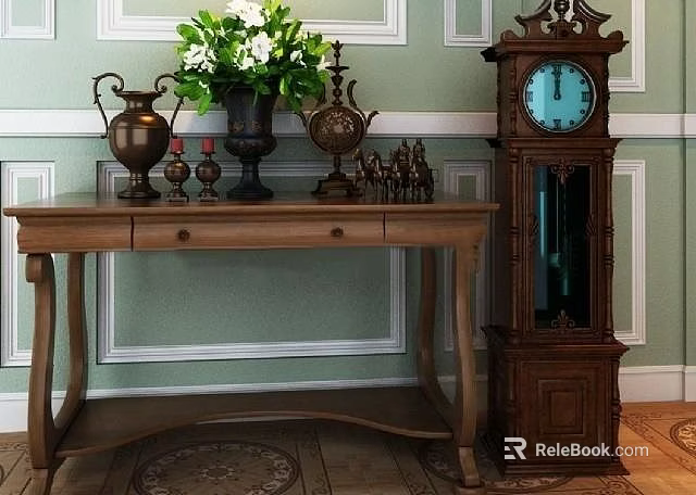 Classic Console Table With Green Plants Vase Decor Items Grandfather Clock Against Green Walls 3d model 
