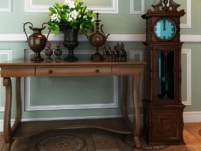 Classic Console Table With Green Plants Vase Decor Items Grandfather Clock Against Green Walls 3d model