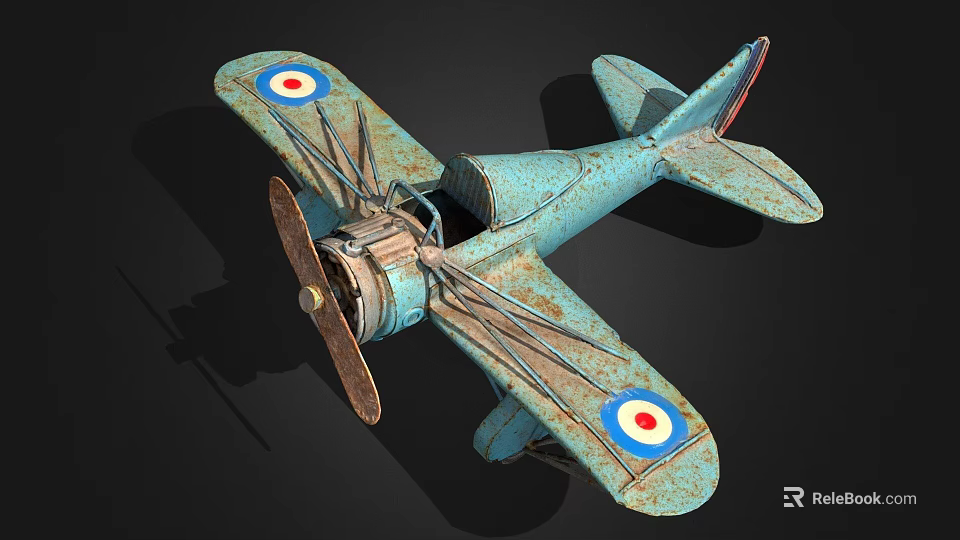 Vintage Turquoise Biplane Toy With Red White Blue Target Logos On Wings And Rust Accents 3d model 