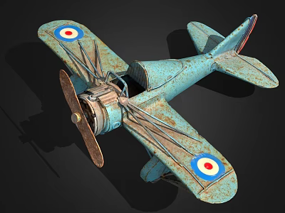 Vintage Turquoise Biplane Toy With Red White Blue Target Logos On Wings And Rust Accents 3d model