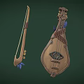 Vintage Wooden String Instruments With Decorative Metal Parts And Blue Accents