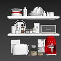 Organized Kitchenware On White Shelves With Red Coffee Maker White Toaster And Wooden Cutting Board