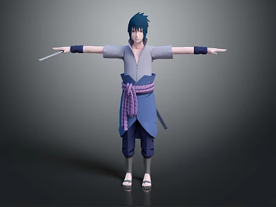 Anime Game Character With Blue Hair In Blue Kimono Purple Sash Holding Sword Arms Outstretched 3d model