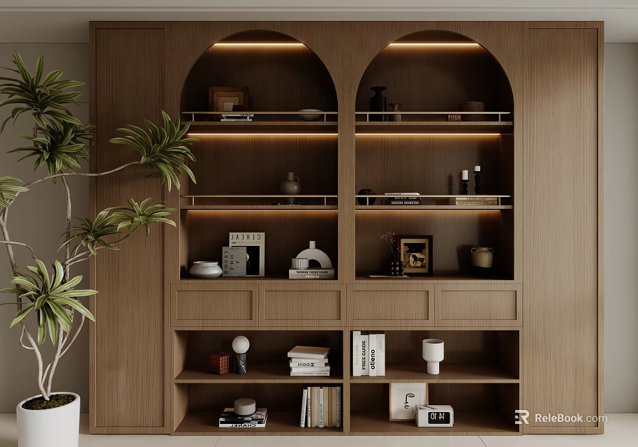 Modern Wooden Decorative Cabinet With Arched Design Lighting And Shelves For Books Vases Photo Frames 3d model 