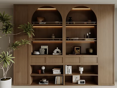 Modern Wooden Decorative Cabinet With Arched Design Lighting And Shelves For Books Vases Photo Frames 3d model