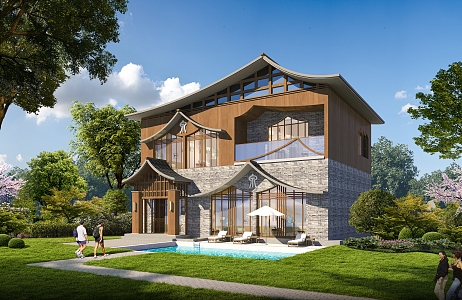 New Chinese Architecture Hot Spring Holiday Cottage 3d model