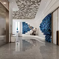Modern Elegant Elevator Lobby With Blue Plant Wall Decor Polished Flooring And Intricate Ceiling Design
