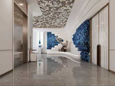 Modern Elegant Elevator Lobby With Blue Plant Wall Decor Polished Flooring And Intricate Ceiling Design 3d model