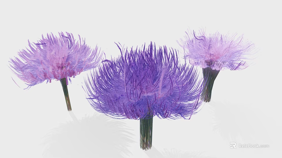Cartoon Scene With Three Vibrant Purple Fluffy Flowers And Green Stems 3d model 