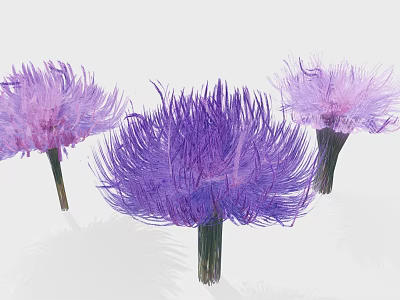 Cartoon Scene With Three Vibrant Purple Fluffy Flowers And Green Stems 3d model