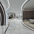 Modern Interior Space Design With Curved Structure Illuminated Lines Marble Floor And Green Plants