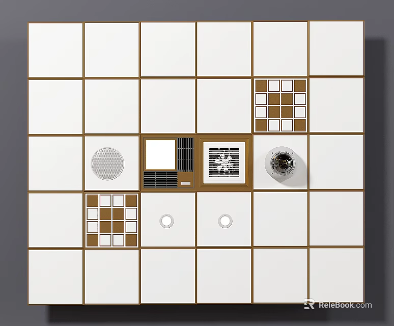 Modern Ceiling Design With Grid Tile Pattern And Functional Vent Light Fixtures 3d model 