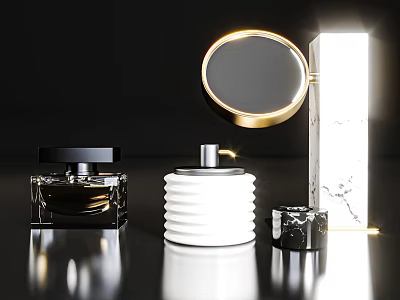 Luxury Decorative Ornament Set With Perfume Bottles Gold Frame Round Mirror And Marble Elements 3d model