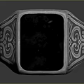 Silver Ring with Square Black Gemstone and Intricate Carved Patterns on Band
