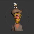 3D Game and Movie Character With Yellow Hair Beard Brown Hat White Chicken Sad Expression
