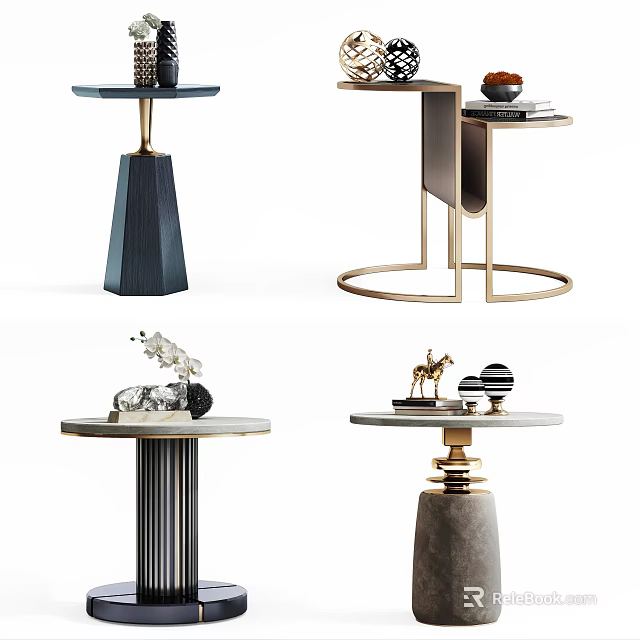 Modern Round Side Tables With Gold Black Metal Bases And Stone Wood Tabletops 3d model 