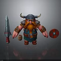Cartoon Viking Warrior Character With Horned Helmet Red Beard Sword Shield And Barrel