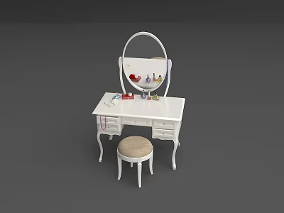 White Dressing Table with Round Mirror Cosmetics Drawers and Upholstered Stool 3d model