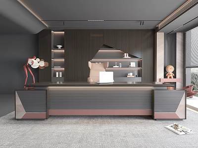 Modern Office Interior Design With Large Reception Desk Wooden Background Wall Shelves And Modern Lamp 3d model