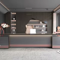 Modern Office Interior Design With Large Reception Desk Wooden Background Wall Shelves And Modern Lamp