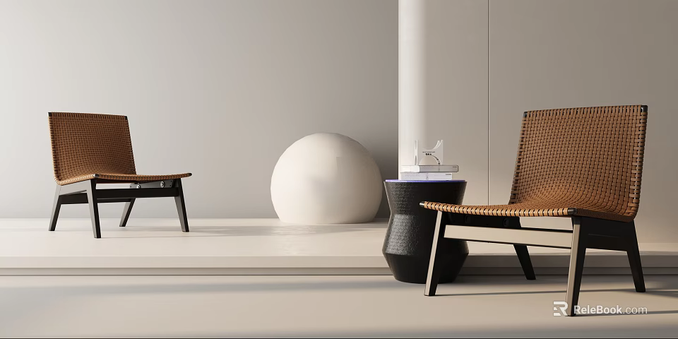 Modern Woven Leisure Chairs With Black Legs And Decorative Sphere Side Table 3d model 