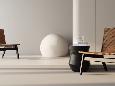 Modern Woven Leisure Chairs With Black Legs And Decorative Sphere Side Table 3d model