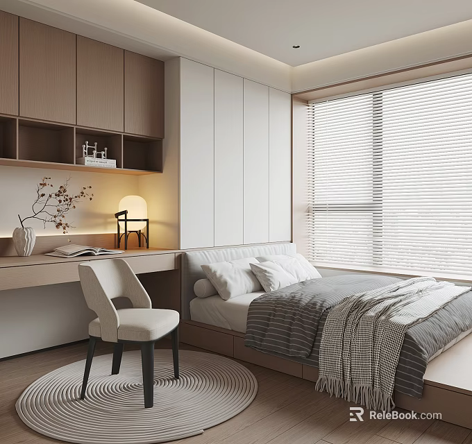 Tatami Bedroom Interior Design With Window Blinds Desk Chair And Wooden Decor 3d model 