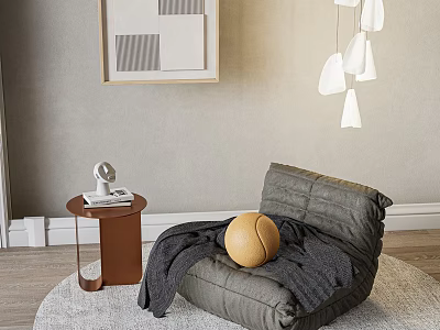 Gray Single Sofa With Blanket Yellow Ball Near Side Table Abstract Painting Pendant Lights 3d model
